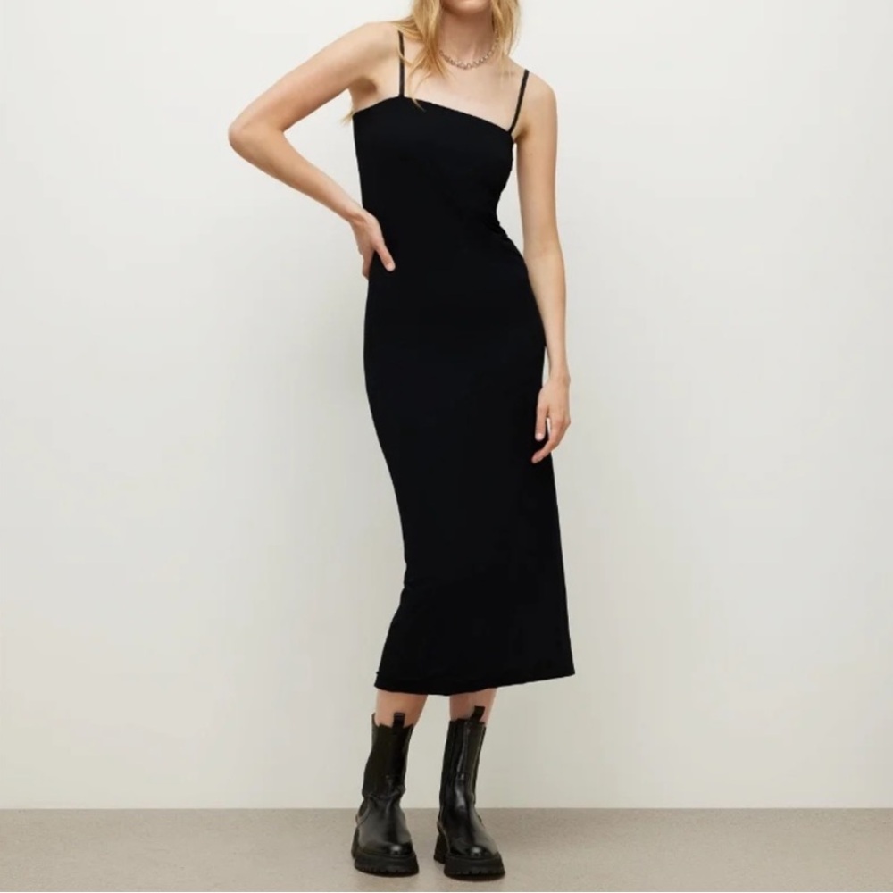 All Saints Charlie Black Midi Slip Dress stretch sleeveless removable strap new